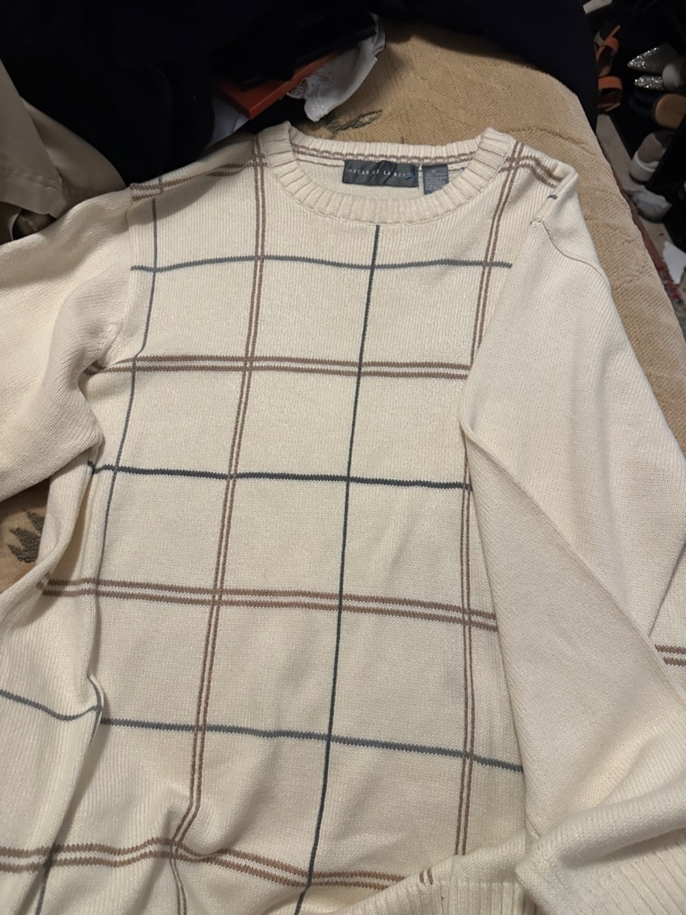 Oscar de la Renta Cream Windowpane Crewneck Sweater with Brown & Navy Lines